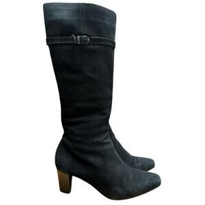 La Canadienne Black Suede Dancer Knee High Tall Boots Size 8 Square Toe Flaws